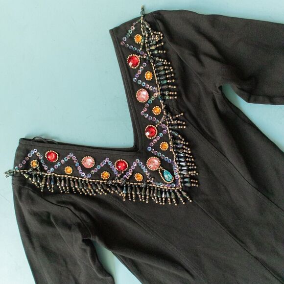 Joule Energy Vintage 80s Long Sleeve Gem Bead V-Neck Western Romper Size Small - Picture 3 of 8